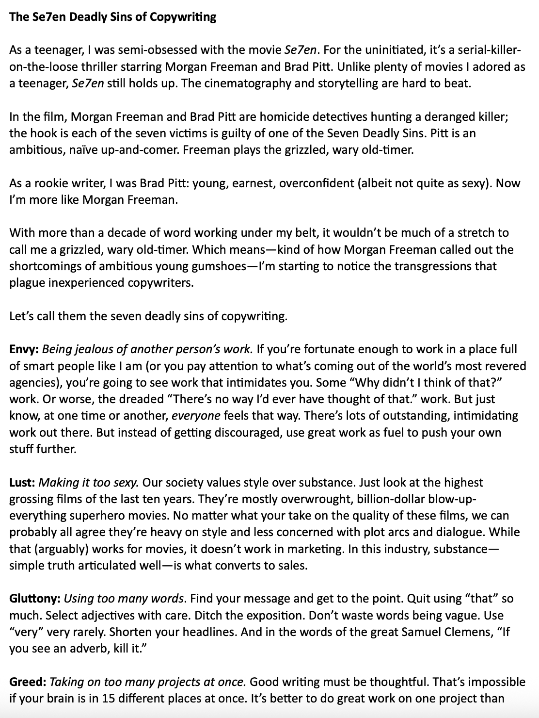 Seven Deadly Sins Blog Part 1